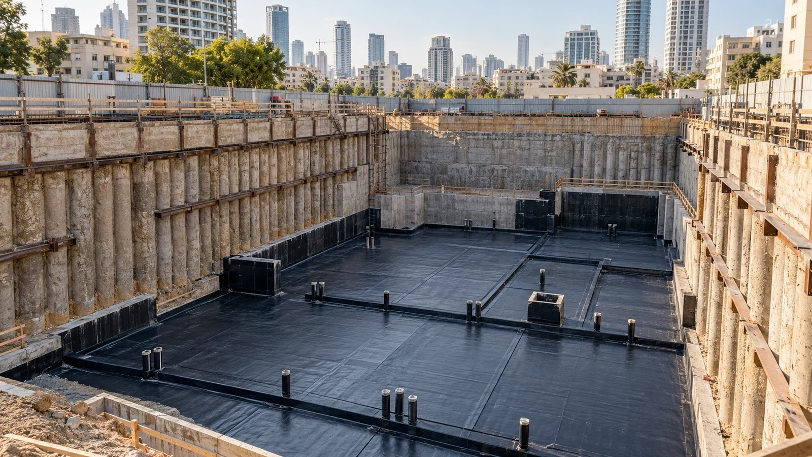מערכת איטום בשלב הקמת החלק התת-קרקעי של המבנה.
